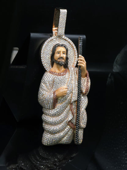 4" Iced St Jude Thaddeus VVS Moissanite Diamond Pendant, 925 Sterling Silver, Hip Hop Jewelry, Pass Diamond Tester