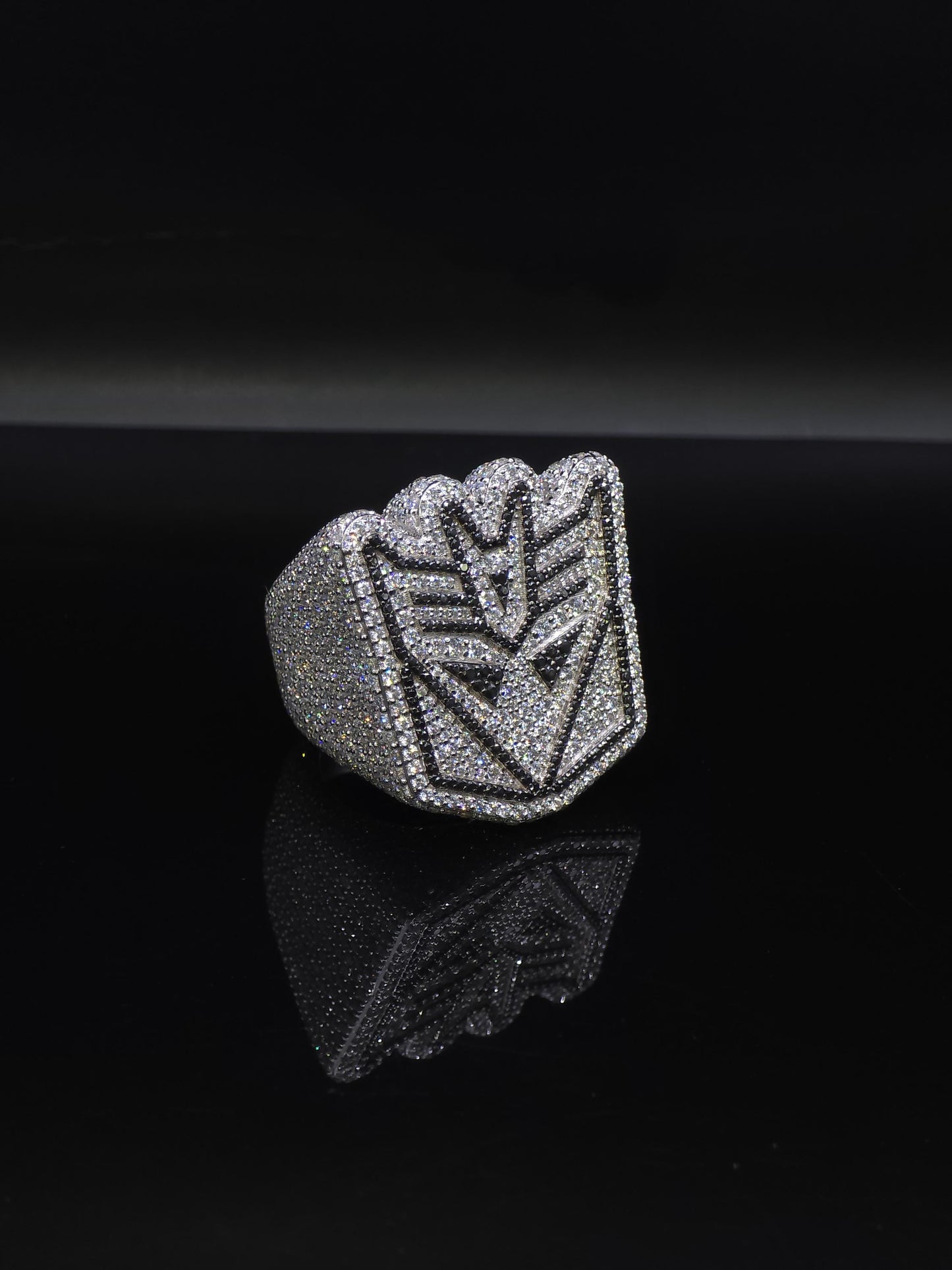 Iced Out Decepticon Ring Moissanite | Black White VVS Moissanite Ring | 925 Silver Hip Hop Statement Ring Mens Jewelry