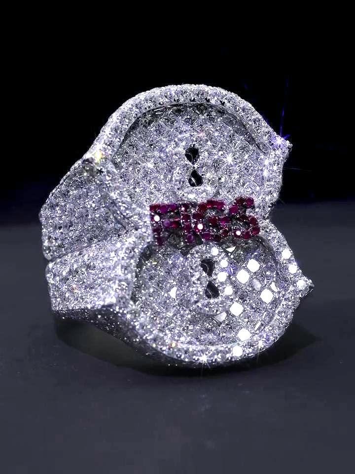Custom Number 8 Iced Out Ring, Moissanite Diamond Ring, Ruby Letter Detail, 925 Silver Hip Hop Statement Ring, Fully Flooded Ring