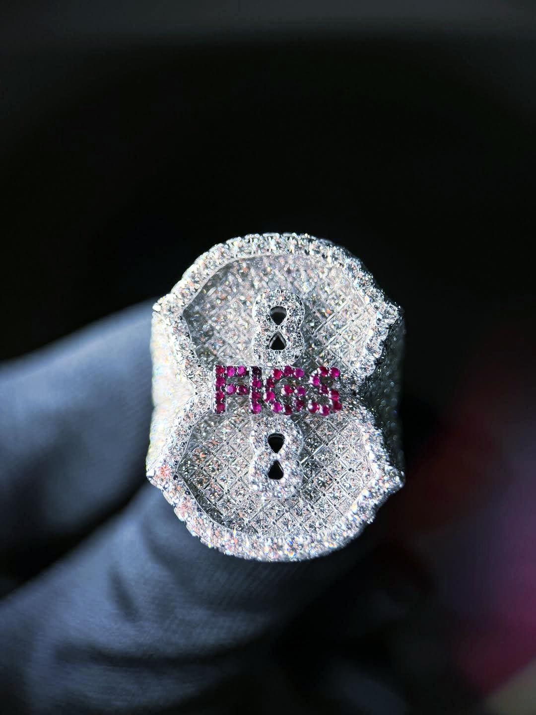 Custom Number 8 Iced Out Ring, Moissanite Diamond Ring, Ruby Letter Detail, 925 Silver Hip Hop Statement Ring, Fully Flooded Ring