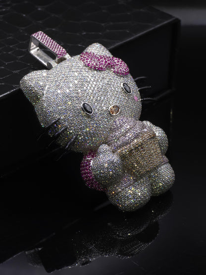 3" Fully Iced Hello Kitty with Cupcake VVS Moissanite Diamond Pendant, Passes Diamond Test, Icy Hip Hop Pendant, Solid Back