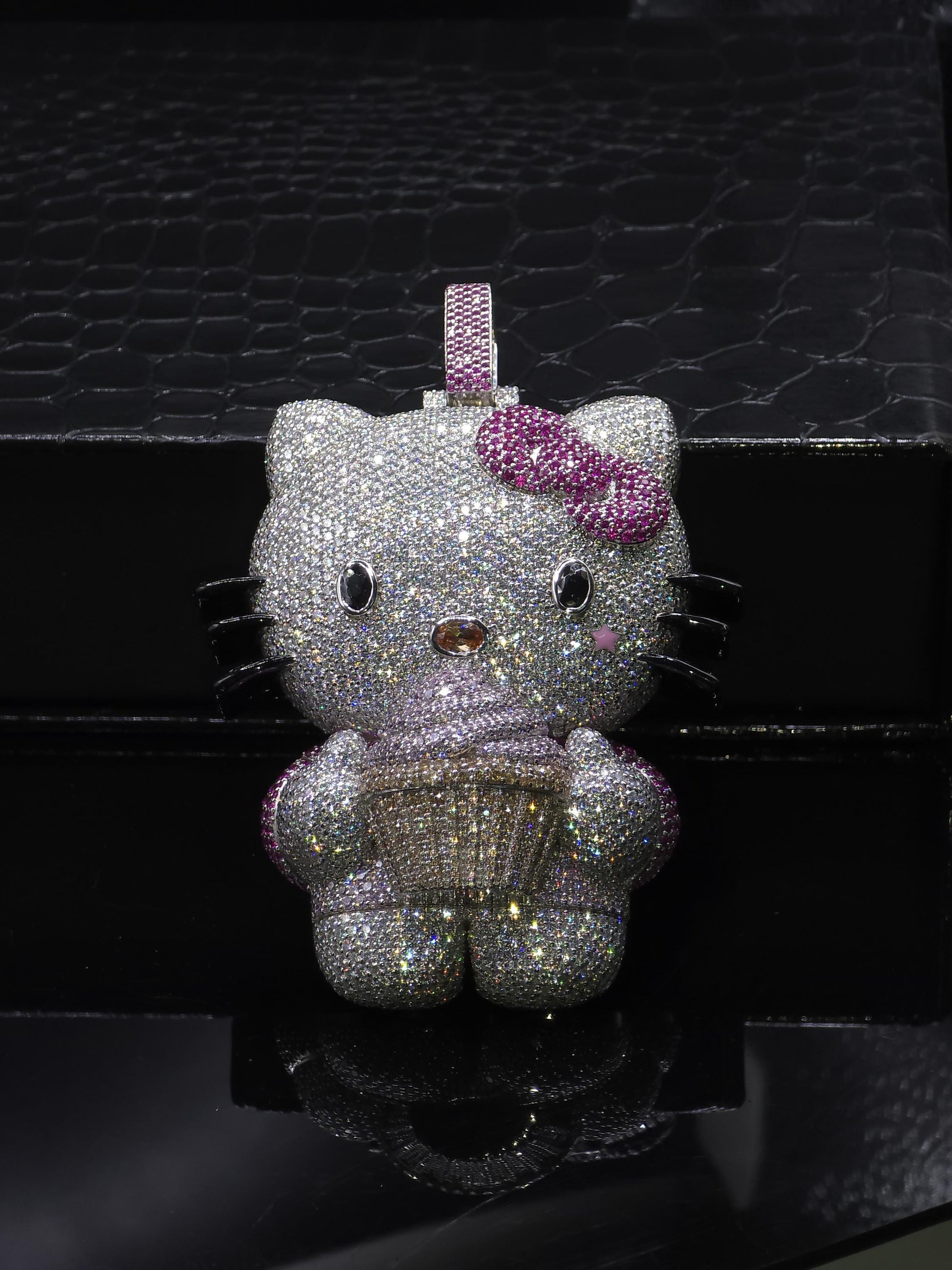 3" Fully Iced Hello Kitty with Cupcake VVS Moissanite Diamond Pendant, Passes Diamond Test, Icy Hip Hop Pendant, Solid Back