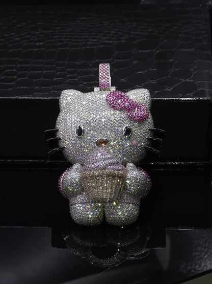 3" Fully Iced Hello Kitty with Cupcake VVS Moissanite Diamond Pendant, Passes Diamond Test, Icy Hip Hop Pendant, Solid Back