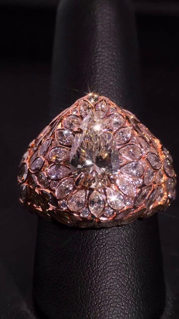 3ct Pear Moissanite Pinky Ring, Rose Gold Iced Out Hip Hop Ring, Pear & Marquise Cluster Bling, Rapper Statement Jewelry