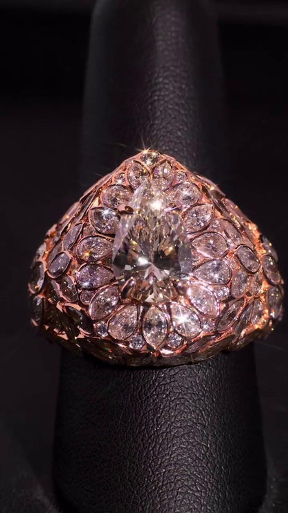 3ct Pear Moissanite Pinky Ring, Rose Gold Iced Out Hip Hop Ring, Pear & Marquise Cluster Bling, Rapper Statement Jewelry