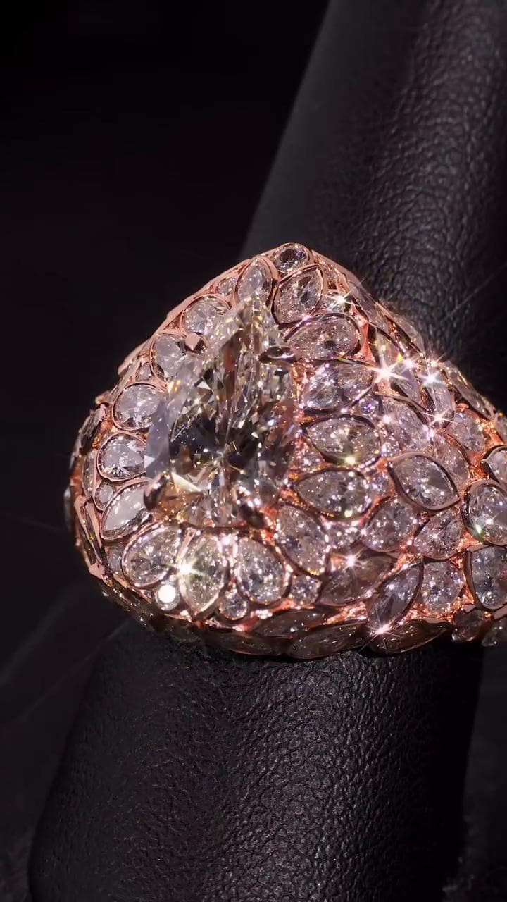 3ct Pear Moissanite Pinky Ring, Rose Gold Iced Out Hip Hop Ring, Pear & Marquise Cluster Bling, Rapper Statement Jewelry