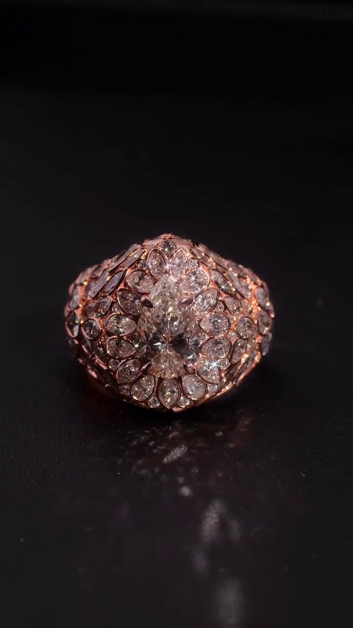 3ct Pear Moissanite Pinky Ring, Rose Gold Iced Out Hip Hop Ring, Pear & Marquise Cluster Bling, Rapper Statement Jewelry