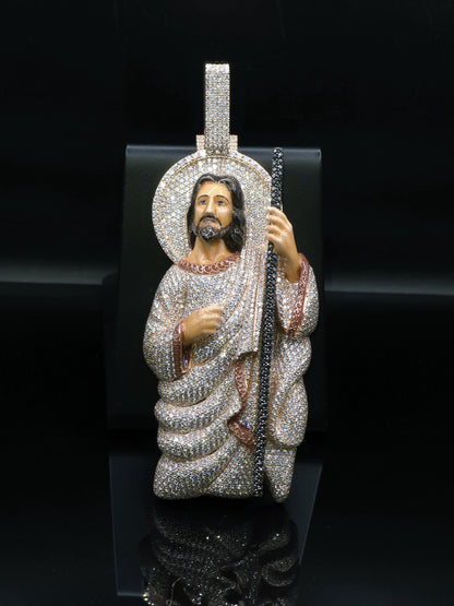 4" Iced St Jude Thaddeus VVS Moissanite Diamond Pendant, 925 Sterling Silver, Hip Hop Jewelry, Pass Diamond Tester