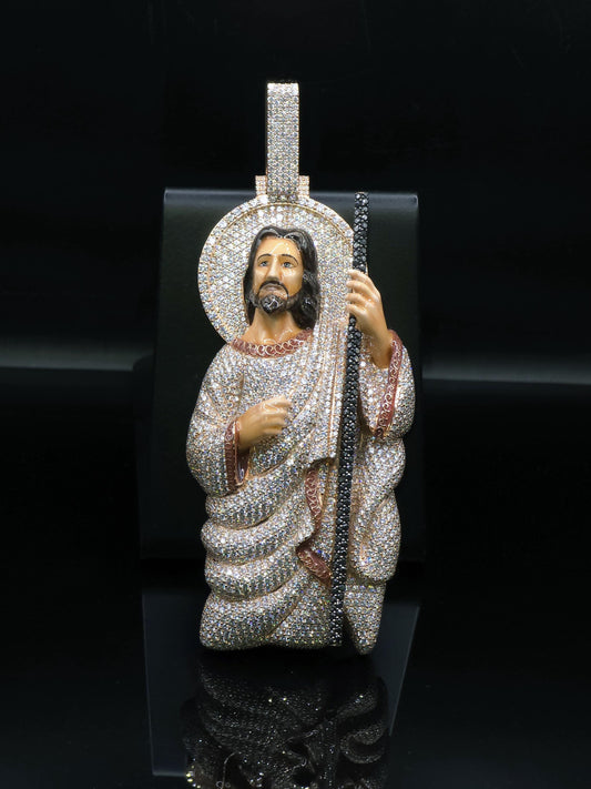 4" Iced St Jude Thaddeus VVS Moissanite Diamond Pendant, 925 Sterling Silver, Hip Hop Jewelry, Pass Diamond Tester