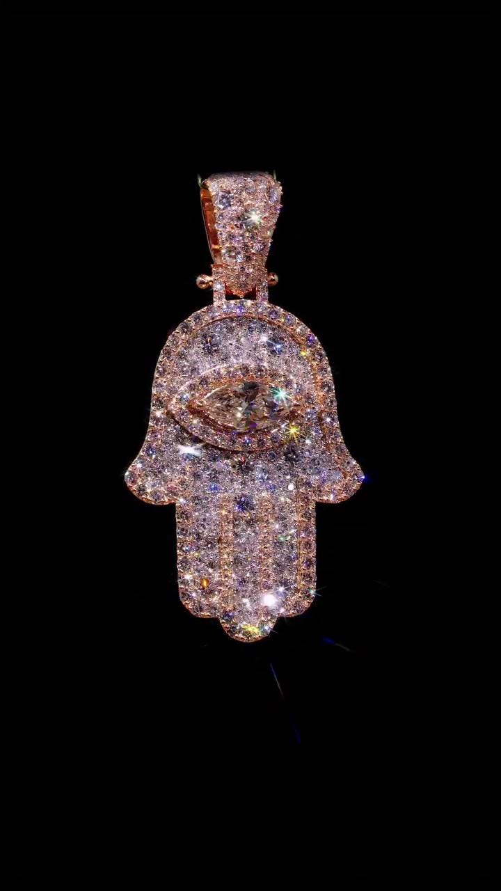 Hamsa Hand Pendant, Iced Out Evil Eye Charm, Custom Hip Hop Jewelry, Moissanite Pendant, Statement Gift