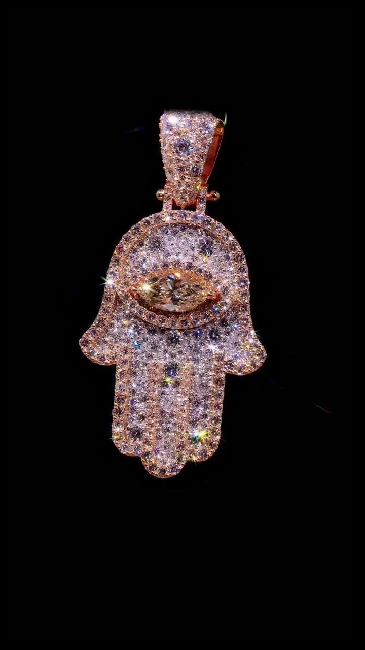 Hamsa Hand Pendant, Iced Out Evil Eye Charm, Custom Hip Hop Jewelry, Moissanite Pendant, Statement Gift