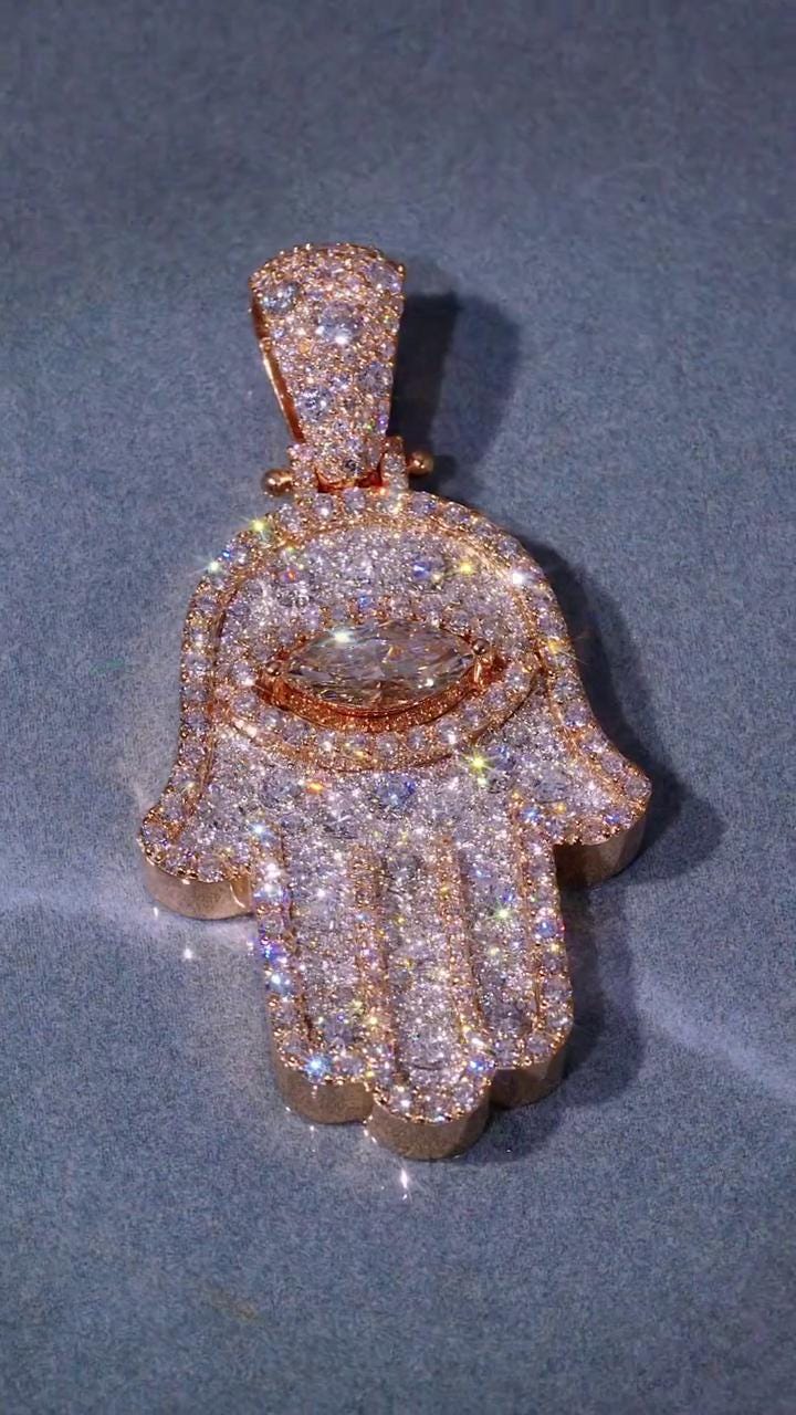 Hamsa Hand Pendant, Iced Out Evil Eye Charm, Custom Hip Hop Jewelry, Moissanite Pendant, Statement Gift
