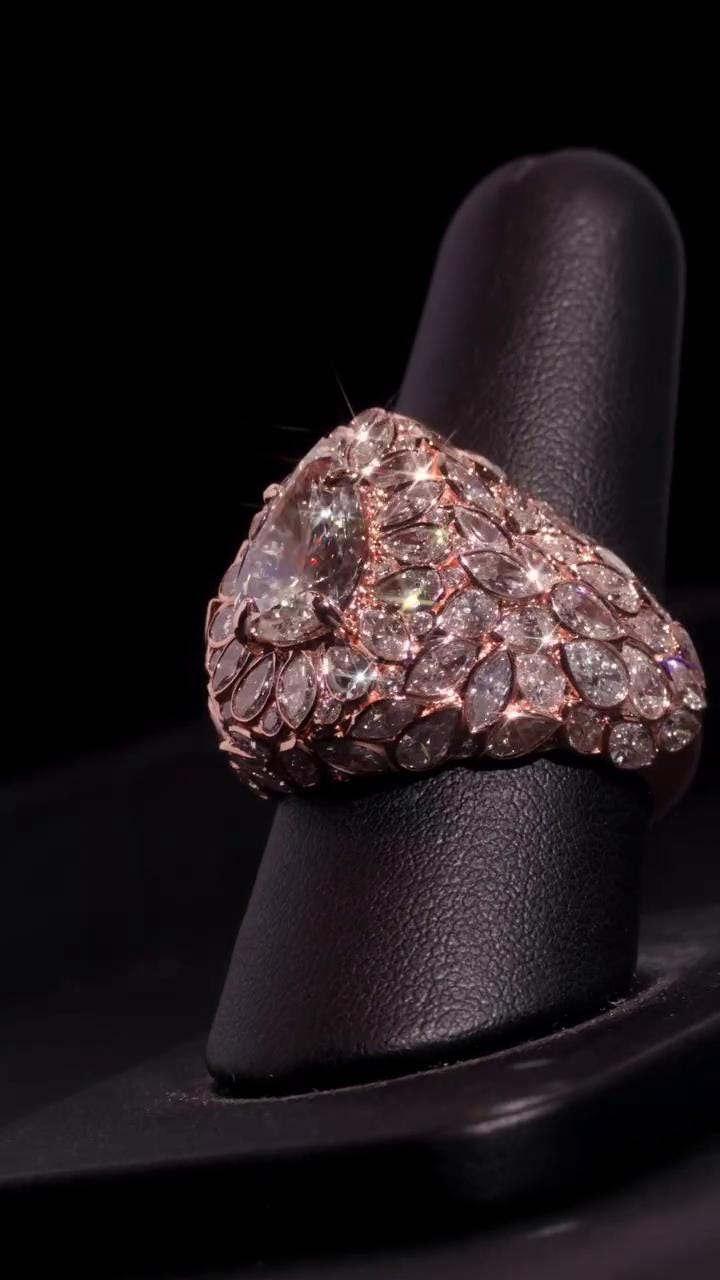 3ct Pear Moissanite Pinky Ring, Rose Gold Iced Out Hip Hop Ring, Pear & Marquise Cluster Bling, Rapper Statement Jewelry