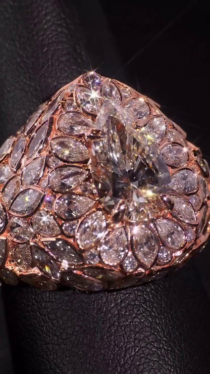 3ct Pear Moissanite Pinky Ring, Rose Gold Iced Out Hip Hop Ring, Pear & Marquise Cluster Bling, Rapper Statement Jewelry