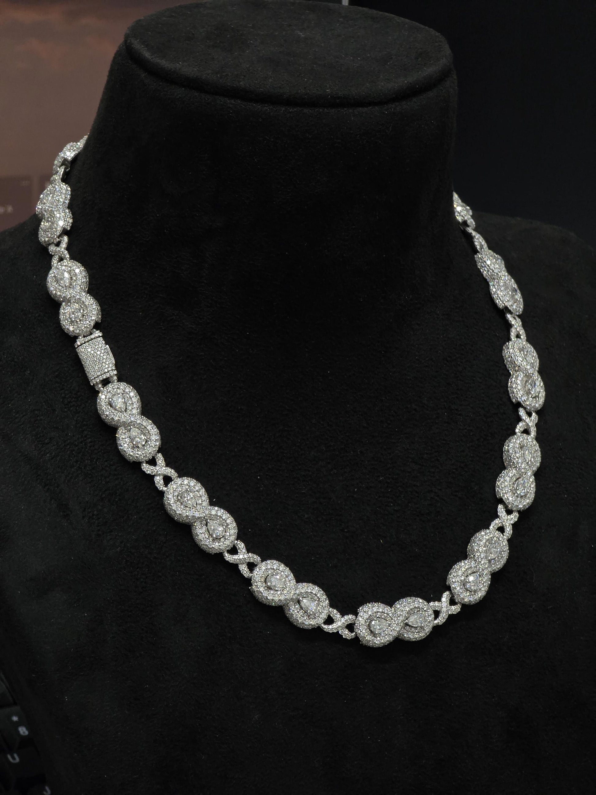 12mm Infinity Link Moissanite Necklace with Pear Accents | VVS Iced Out Chain in 925 Sterling Silver | Hip Hop Jewelry