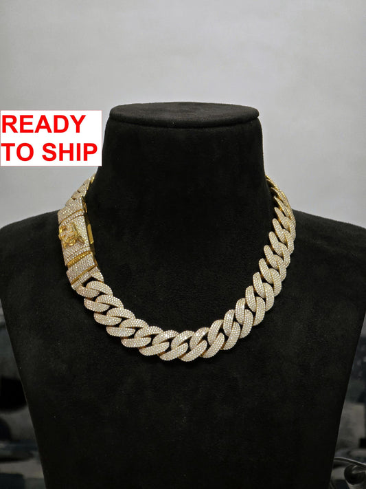 20mm 20inch Pave Cuban Chain, VVS1 Moissanite Diamond Chain, Pass Diamond Tester, 14K Yellow Gold Plated 925 Sterling Silver