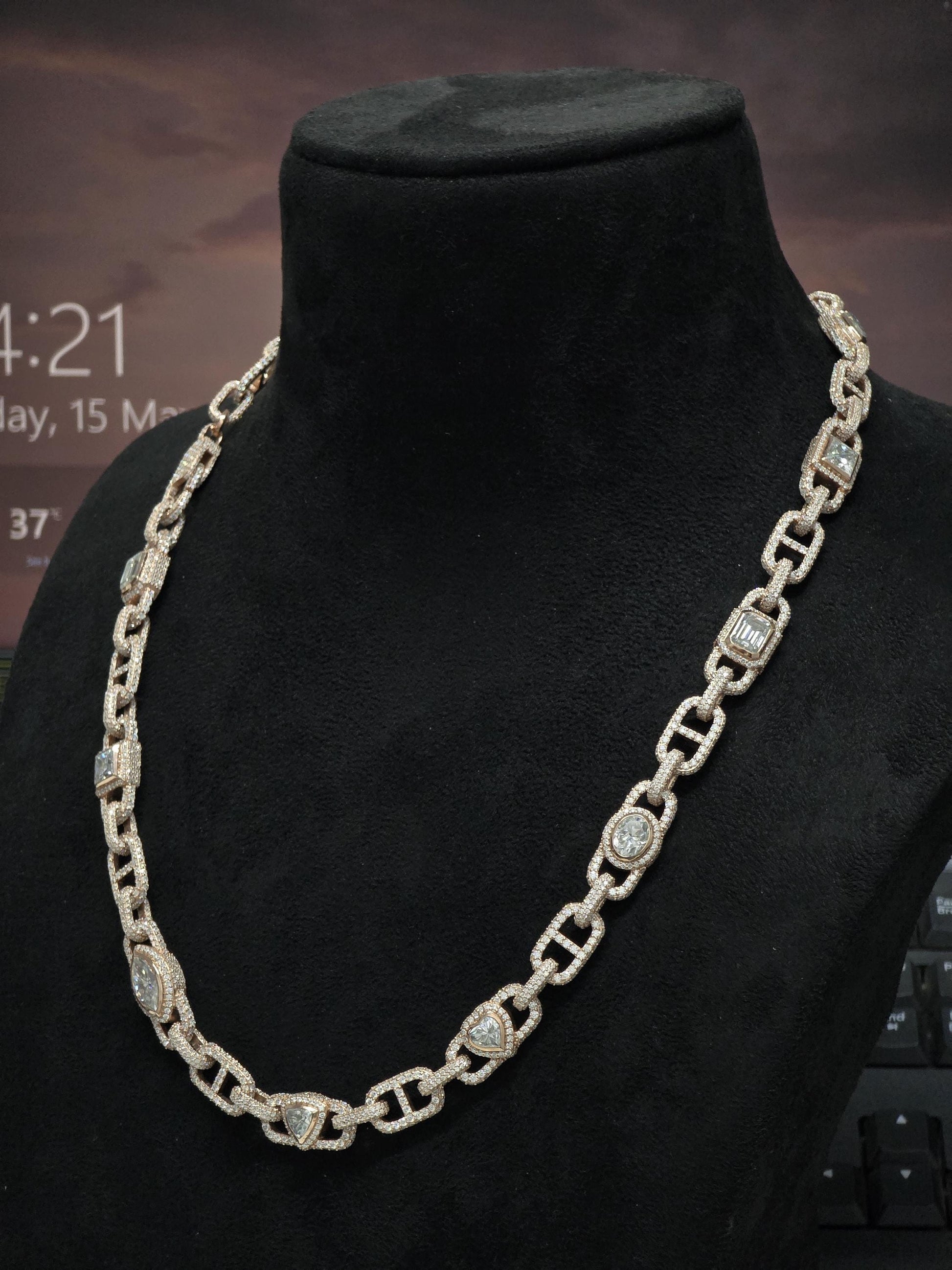 Custom Multi Shape Hermes Link Chain, 100ct VVS1 Moissanite Necklace, Hip Hop Statement Jewelry
