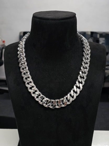 20mm Moissanite Cuban Link Chain, Mixed Links, Designer Clasp, 16–30 Inch, 925 Sterling Silver, Rhodium Plated