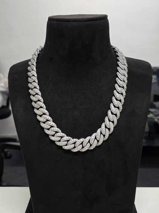 20mm Moissanite Cuban Link Chain, Mixed Links, Designer Clasp, 16–30 Inch, 925 Sterling Silver, Rhodium Plated