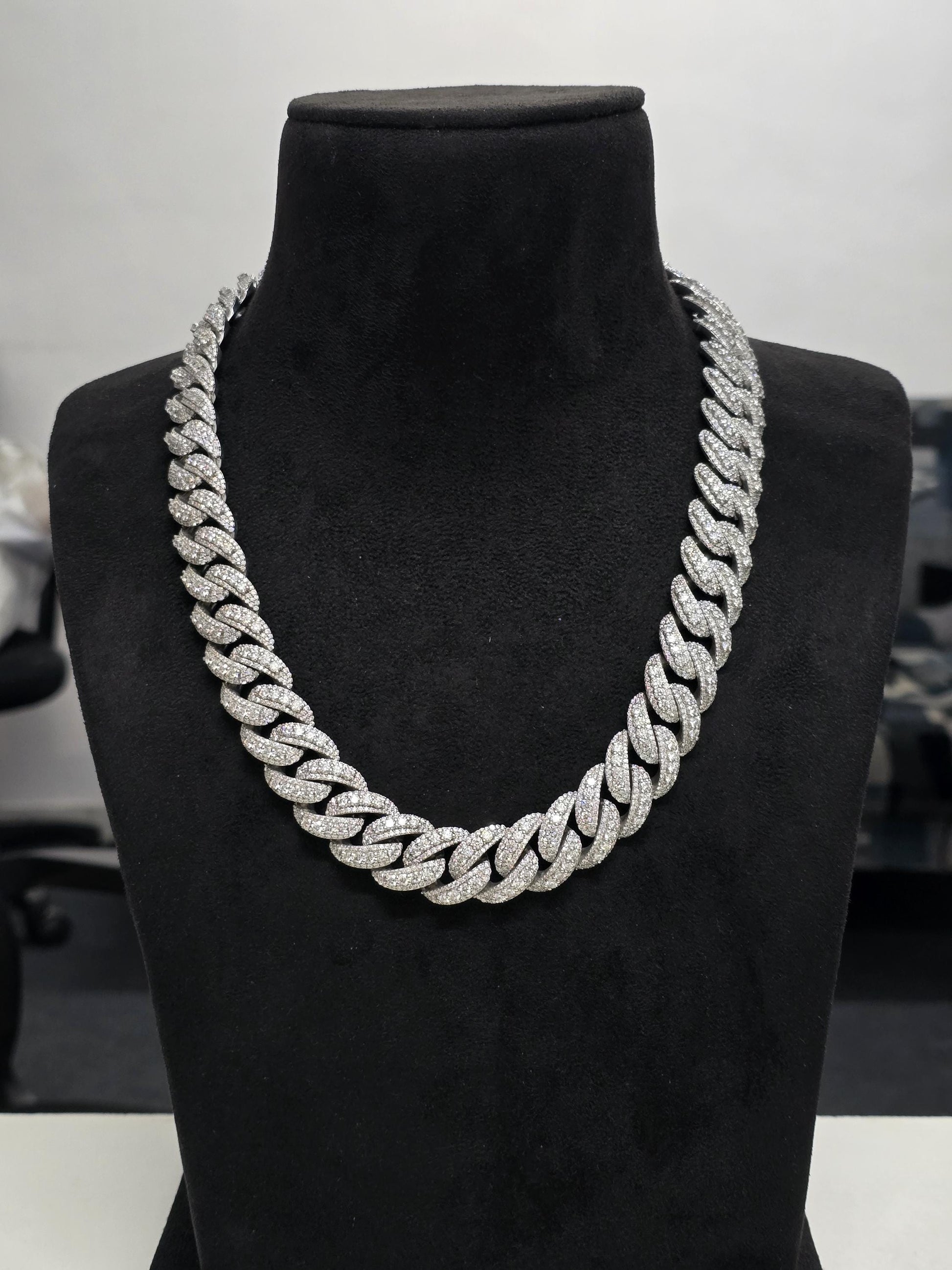 20mm Moissanite Cuban Link Chain, Mixed Links, Designer Clasp, 16–30 Inch, 925 Sterling Silver, Rhodium Plated