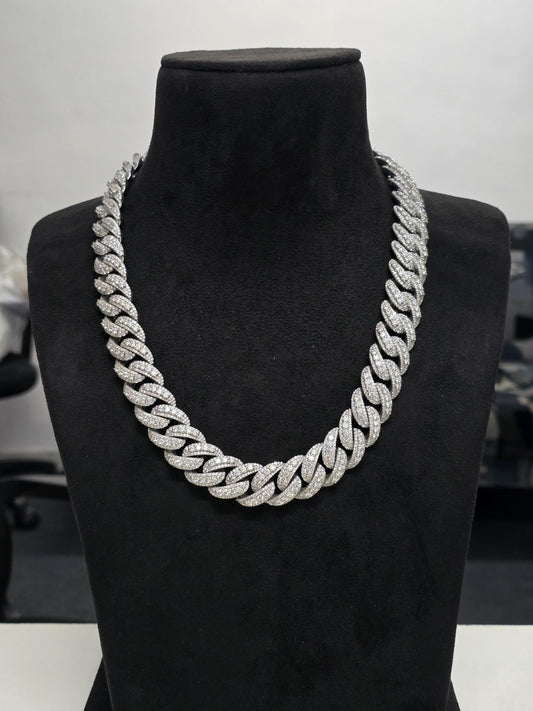 20mm Moissanite Cuban Link Chain, Mixed Links, Designer Clasp, 16–30 Inch, 925 Sterling Silver, Rhodium Plated