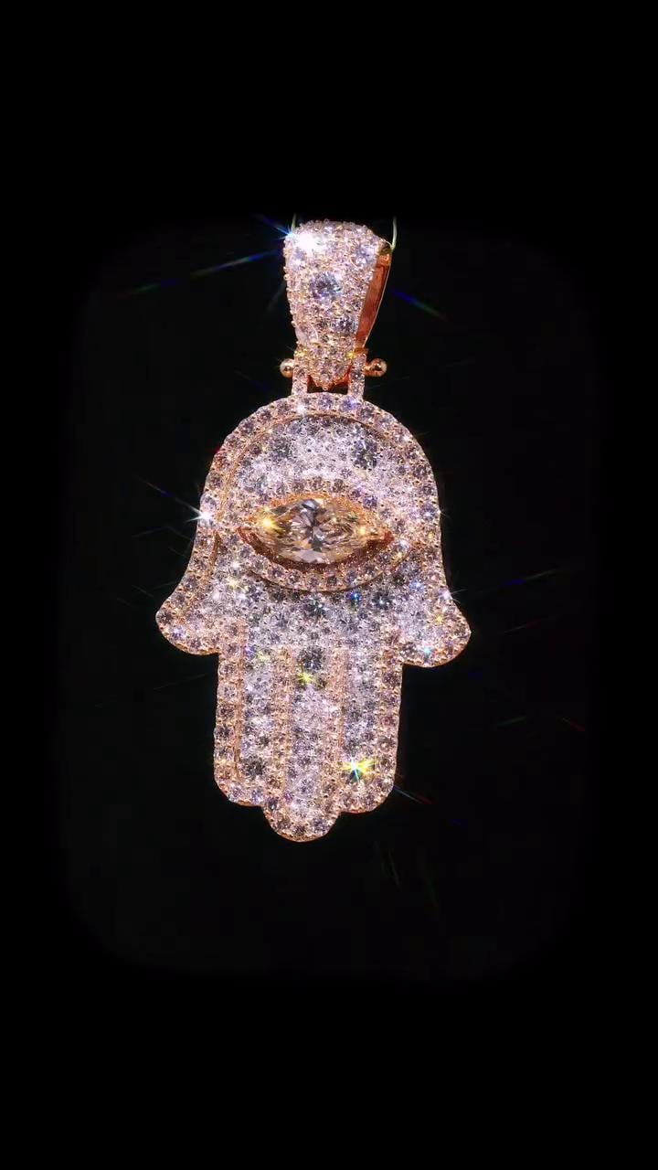 Hamsa Hand Pendant, Iced Out Evil Eye Charm, Custom Hip Hop Jewelry, Moissanite Pendant, Statement Gift