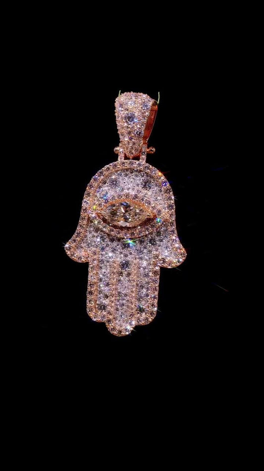 Hamsa Hand Pendant, Iced Out Evil Eye Charm, Custom Hip Hop Jewelry, Moissanite Pendant, Statement Gift