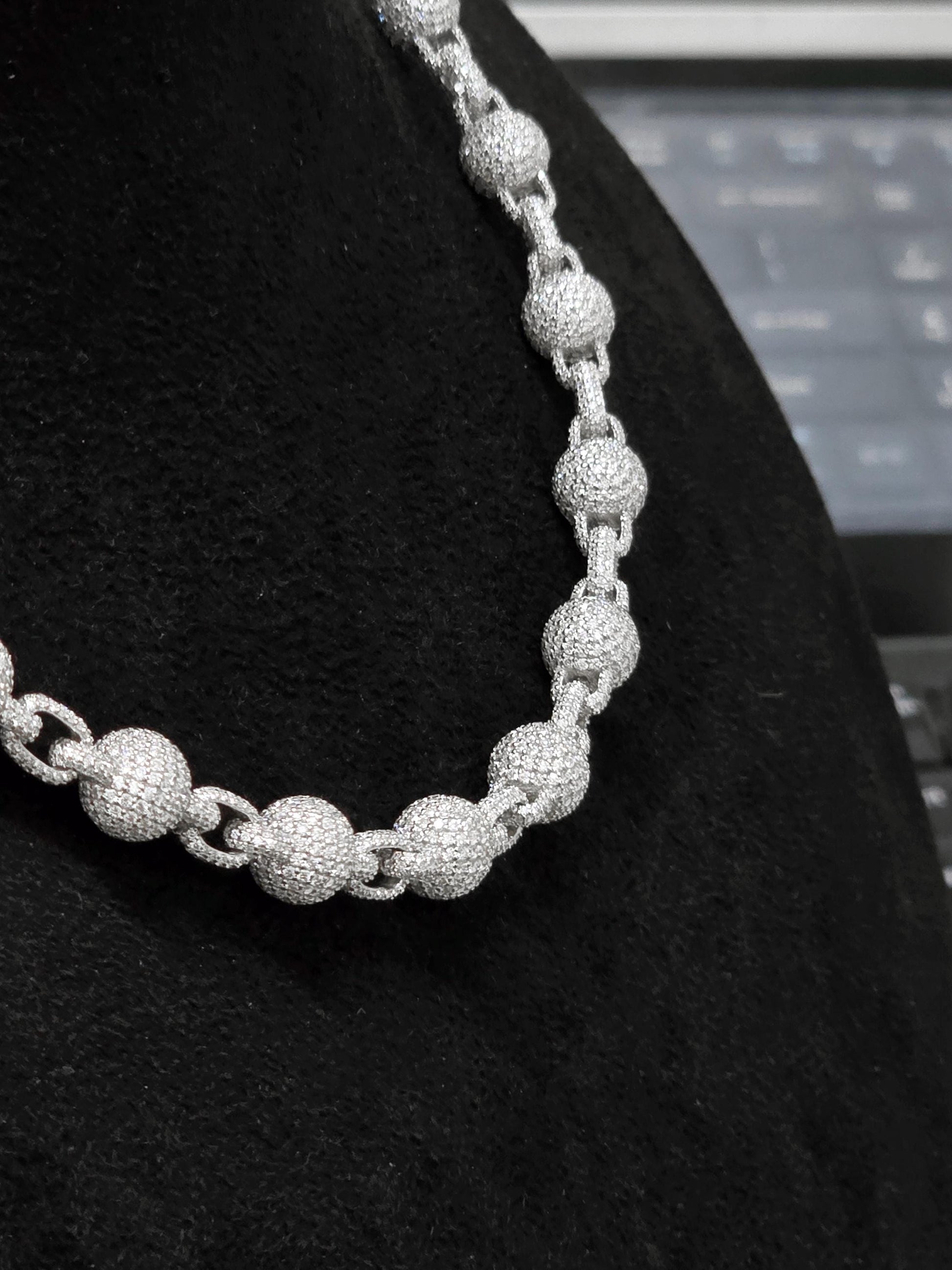 Iced Out Ball Link Chain | Moissanite Ball Chain Necklace | 925 Sterling Silver Hip Hop Jewelry | Custom Pave Chain