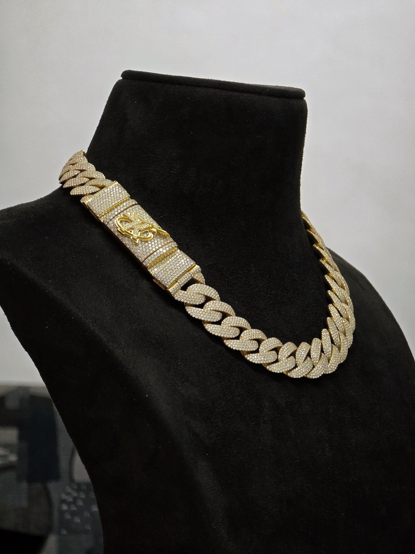 20mm 20inch Pave Cuban Chain, VVS1 Moissanite Diamond Chain, Pass Diamond Tester, 14K Yellow Gold Plated 925 Sterling Silver