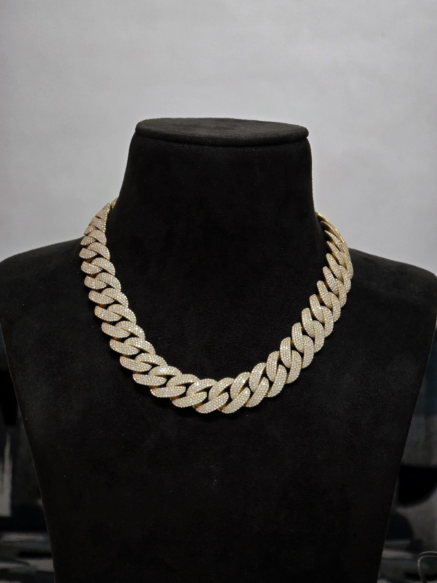 20mm 20inch Pave Cuban Chain, VVS1 Moissanite Diamond Chain, Pass Diamond Tester, 14K Yellow Gold Plated 925 Sterling Silver