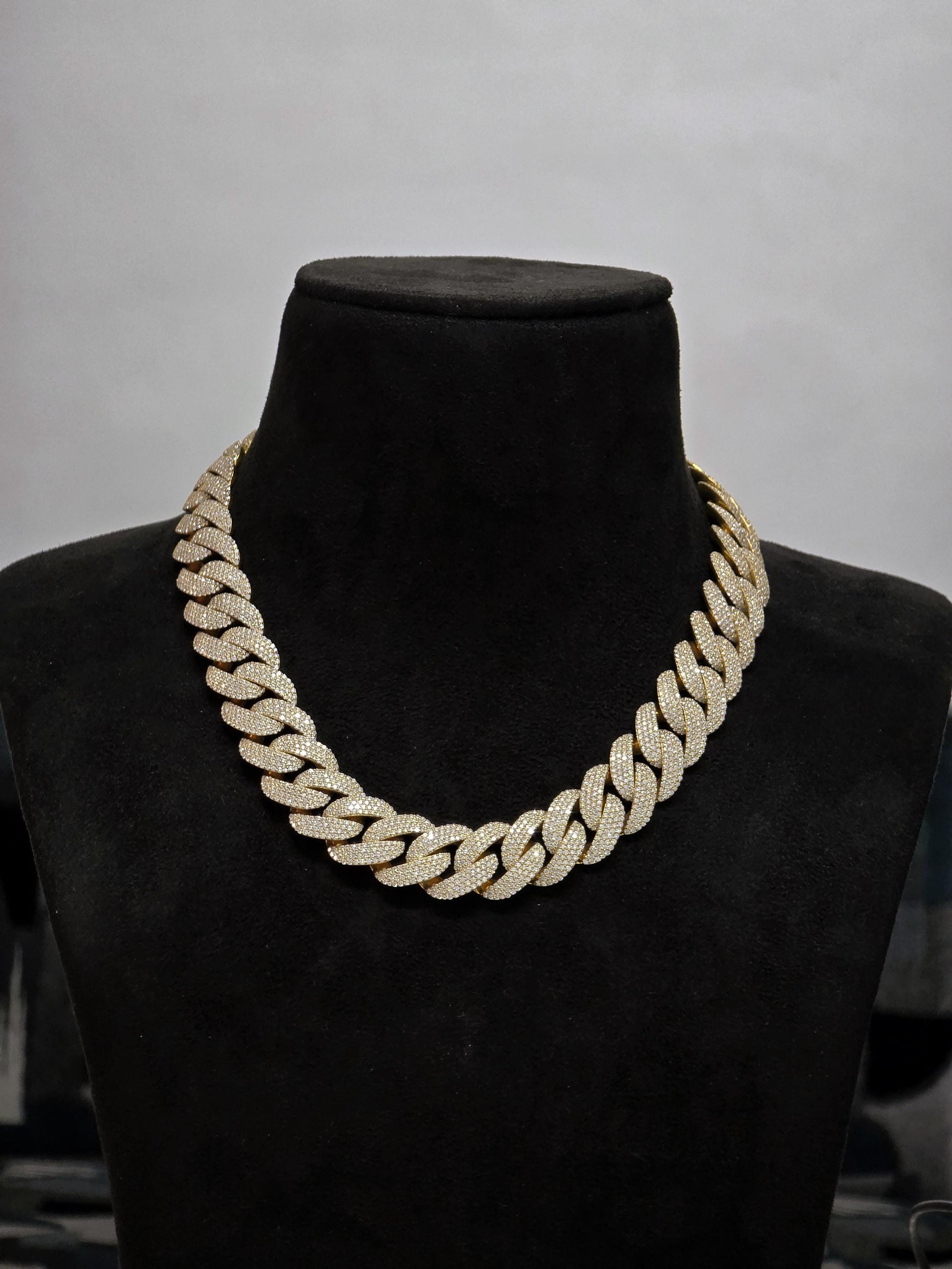 20mm 20inch Pave Cuban Chain, VVS1 Moissanite Diamond Chain, Pass Diamond Tester, 14K Yellow Gold Plated 925 Sterling Silver
