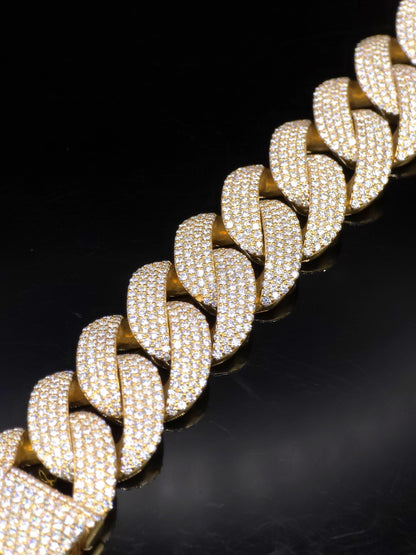 20mm 20inch Pave Cuban Chain, VVS1 Moissanite Diamond Chain, Pass Diamond Tester, 14K Yellow Gold Plated 925 Sterling Silver