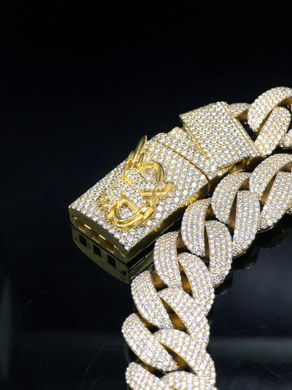 20mm 20inch Pave Cuban Chain, VVS1 Moissanite Diamond Chain, Pass Diamond Tester, 14K Yellow Gold Plated 925 Sterling Silver