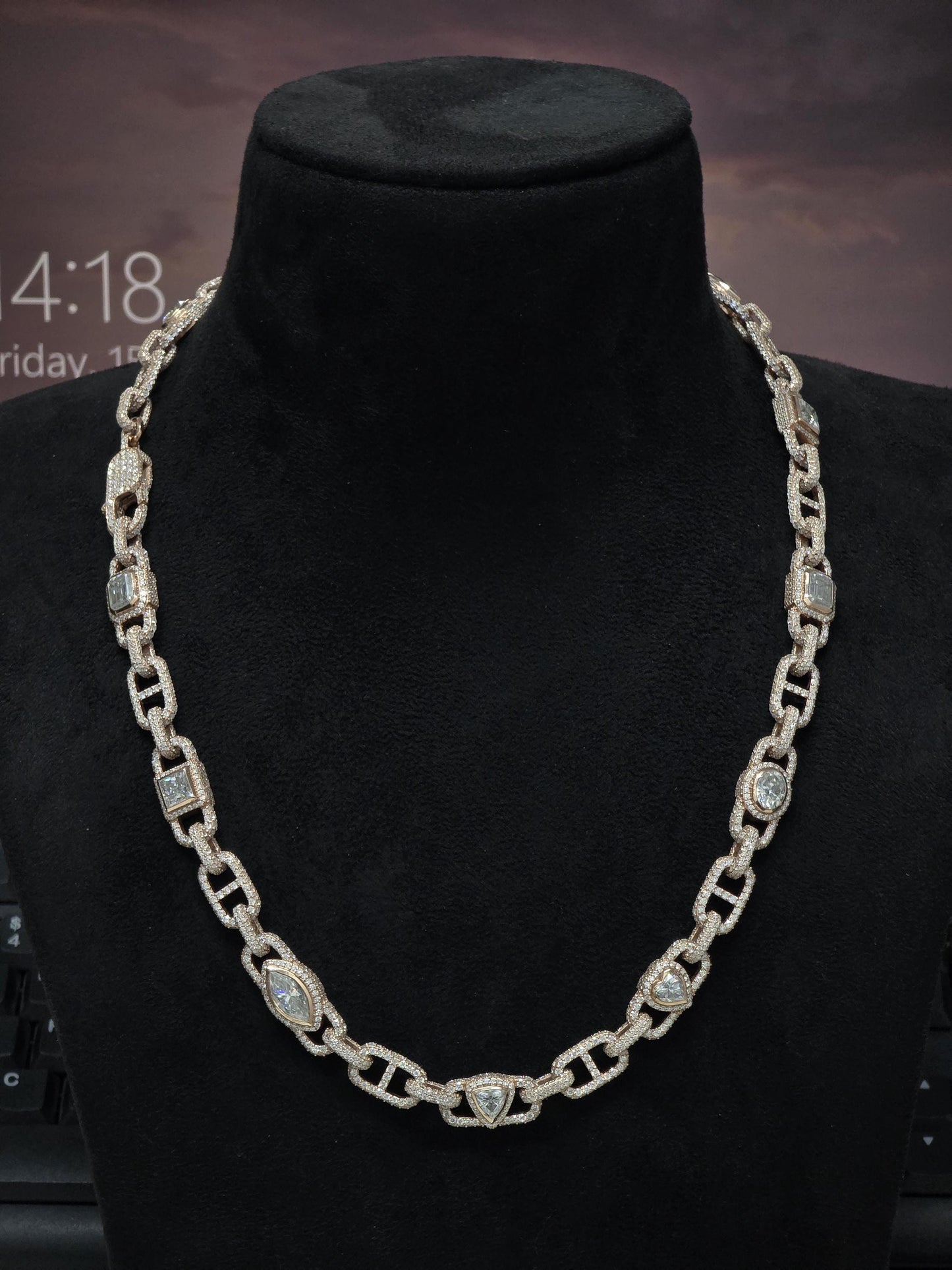 Custom Multi Shape Hermes Link Chain, 100ct VVS1 Moissanite Necklace, Hip Hop Statement Jewelry