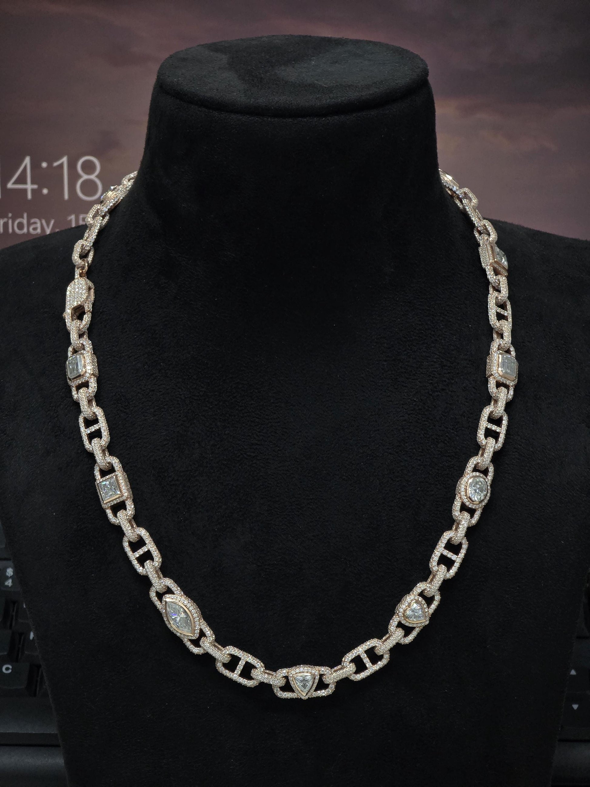 Custom Multi Shape Hermes Link Chain, 100ct VVS1 Moissanite Necklace, Hip Hop Statement Jewelry
