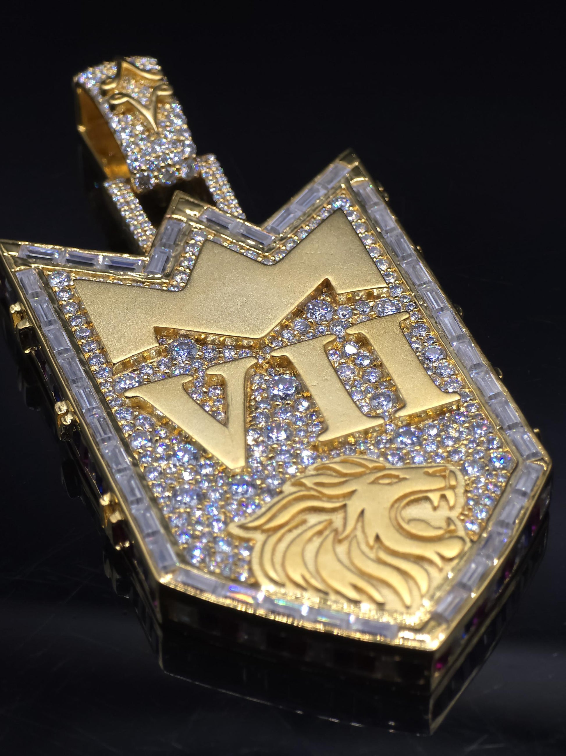 Custom Royal Lion Shield Pendant, Iced Out VII Crown Pendant, 925 Silver Moissanite Hip Hop Jewelry, Pass Diamond Tester