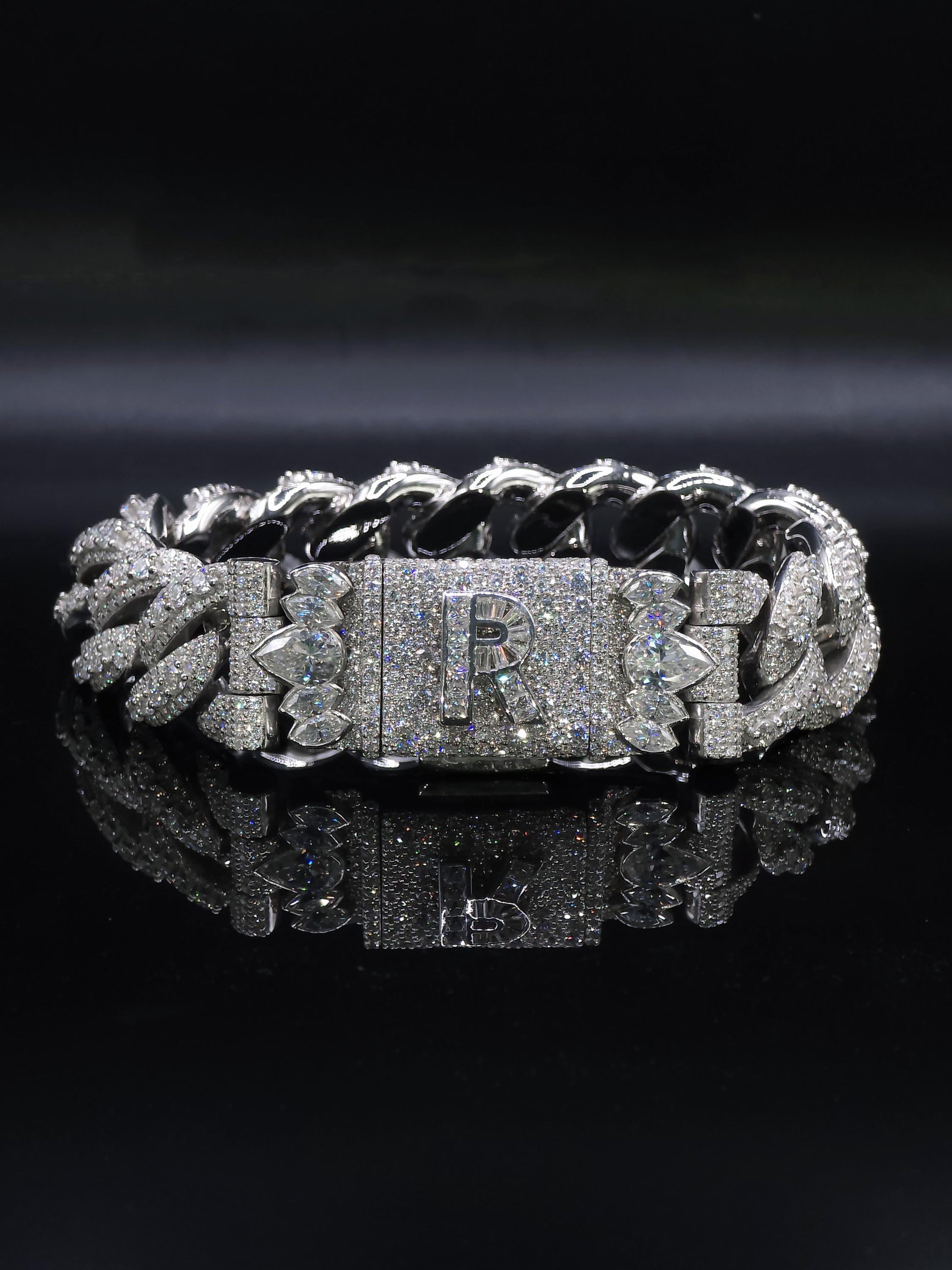 20mm Iced Miami Cuban Link Bracelet, Custom Designer Lock, VVS Moissanite, Rhodium Plated Silver