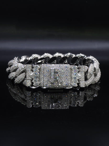 20mm Iced Miami Cuban Link Bracelet, Custom Designer Lock, VVS Moissanite, Rhodium Plated Silver