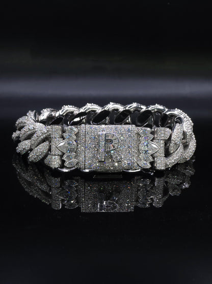 20mm Iced Miami Cuban Link Bracelet, Custom Designer Lock, VVS Moissanite, Rhodium Plated Silver
