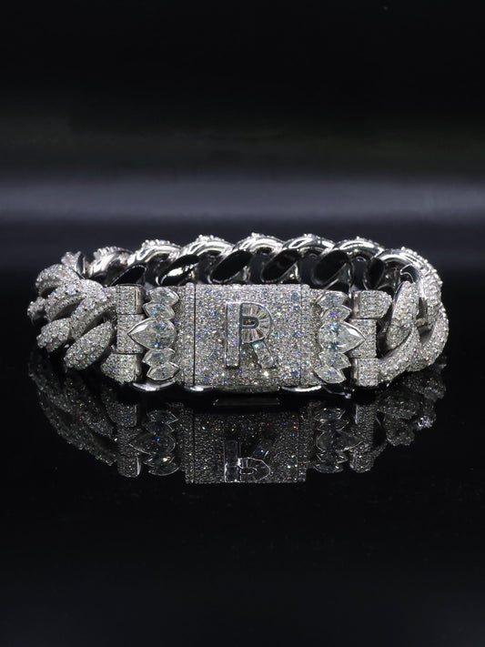 20mm Iced Miami Cuban Link Bracelet, Custom Designer Lock, VVS Moissanite, Rhodium Plated Silver