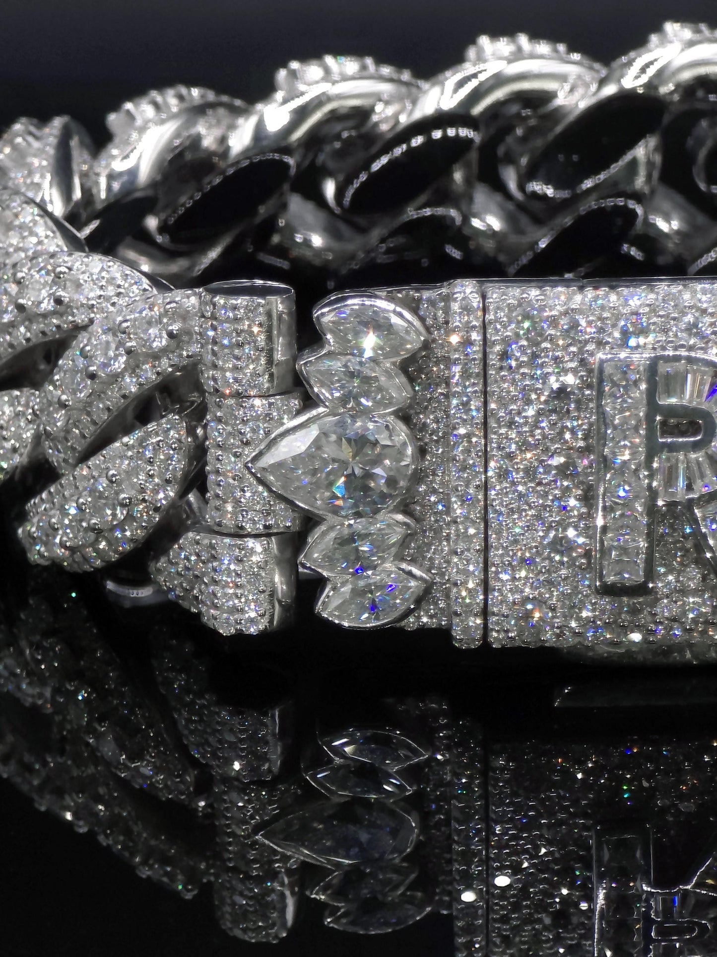 20mm Iced Miami Cuban Link Bracelet, Custom Designer Lock, VVS Moissanite, Rhodium Plated Silver