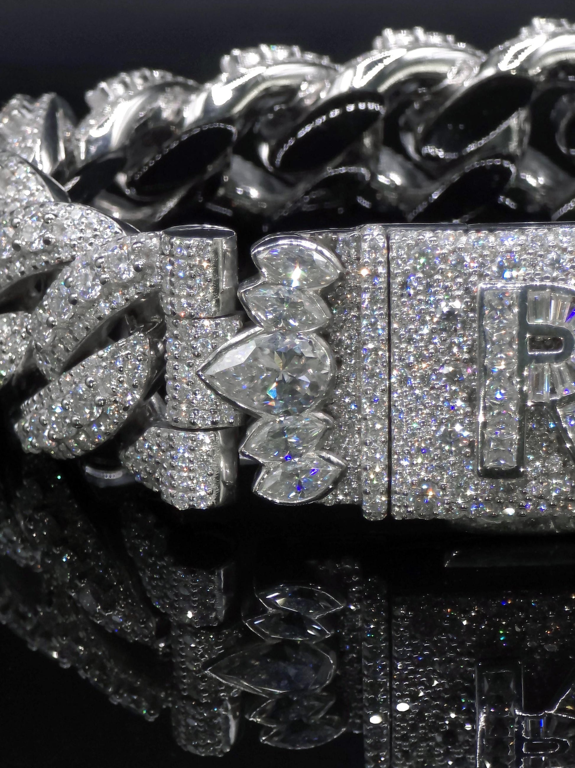 20mm Iced Miami Cuban Link Bracelet, Custom Designer Lock, VVS Moissanite, Rhodium Plated Silver