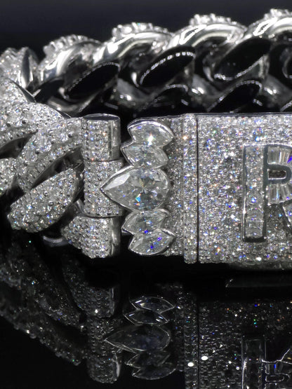 20mm Iced Miami Cuban Link Bracelet, Custom Designer Lock, VVS Moissanite, Rhodium Plated Silver