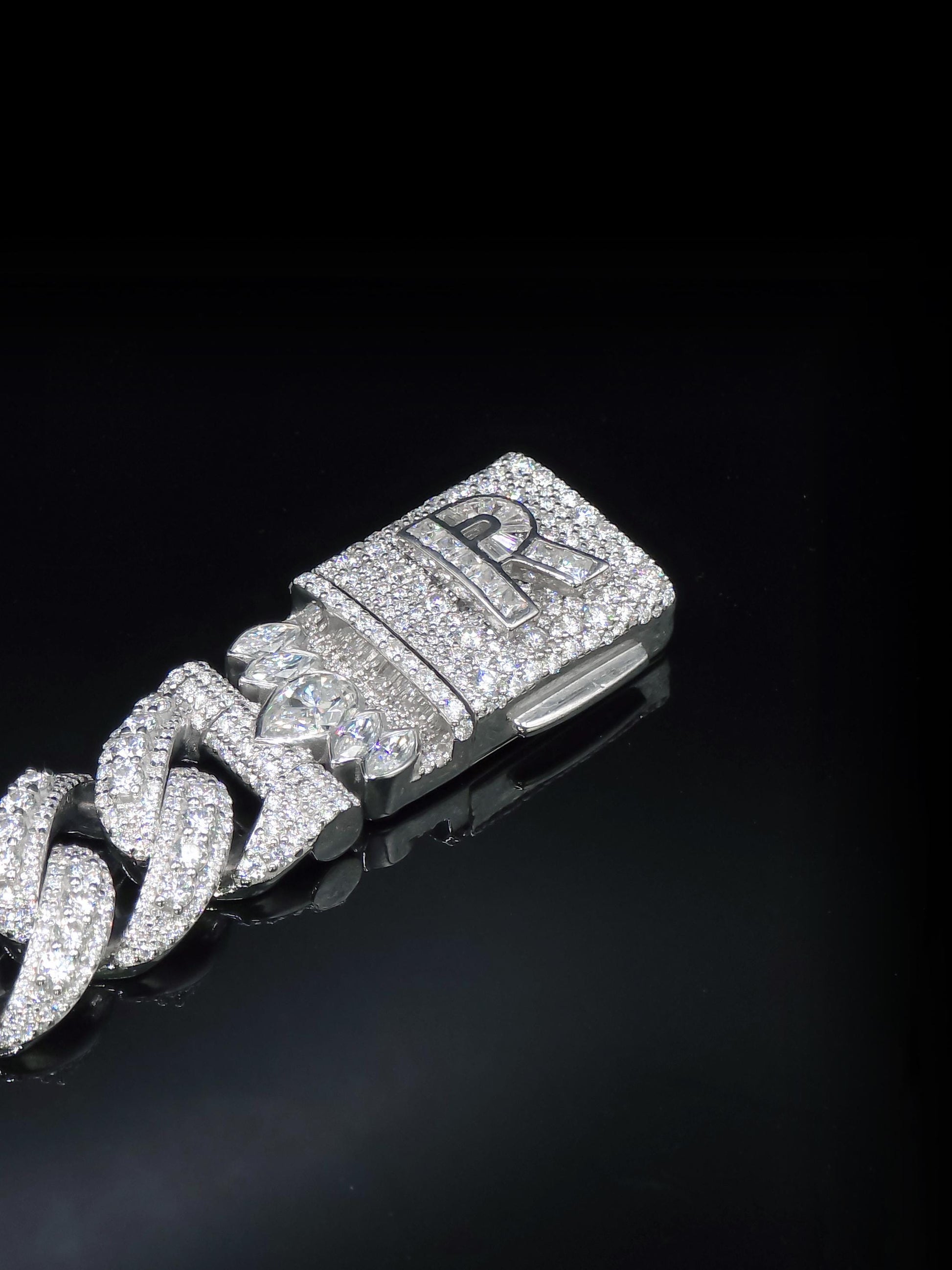 20mm Iced Miami Cuban Link Bracelet, Custom Designer Lock, VVS Moissanite, Rhodium Plated Silver