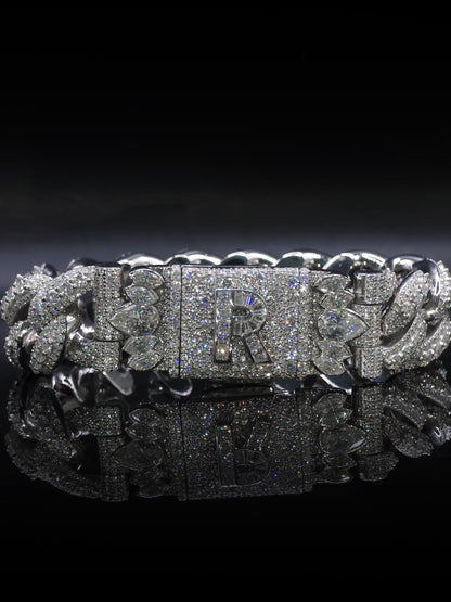 20mm Iced Miami Cuban Link Bracelet, Custom Designer Lock, VVS Moissanite, Rhodium Plated Silver