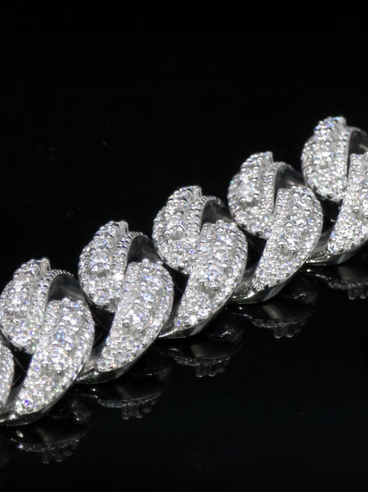 20mm Iced Miami Cuban Link Bracelet, Custom Designer Lock, VVS Moissanite, Rhodium Plated Silver