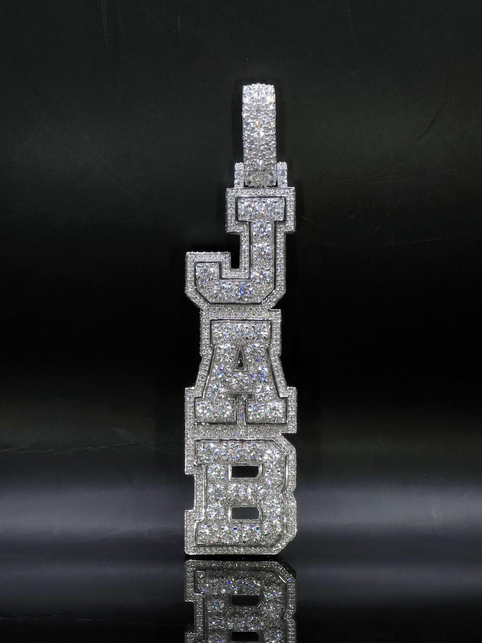 VVS Moissanite Vertical Name Pendant, 925 Sterling Silver Rhodium Plated Hip Hop Jewelry, Diamond Tester Pass