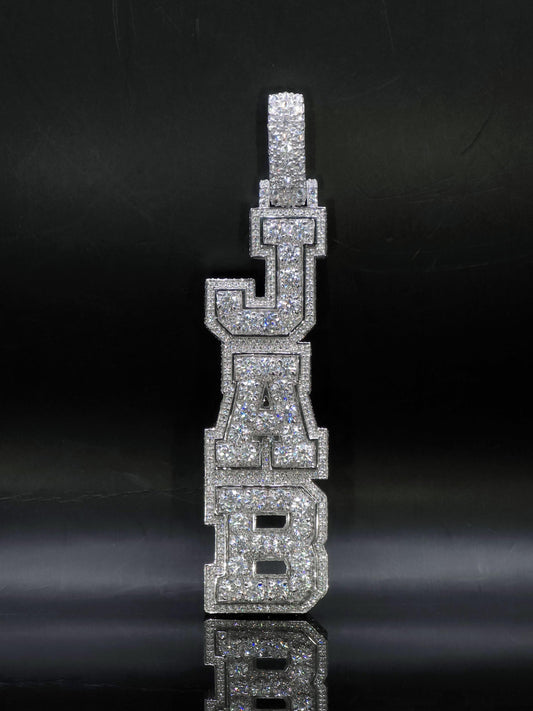 VVS Moissanite Vertical Name Pendant, 925 Sterling Silver Rhodium Plated Hip Hop Jewelry, Diamond Tester Pass