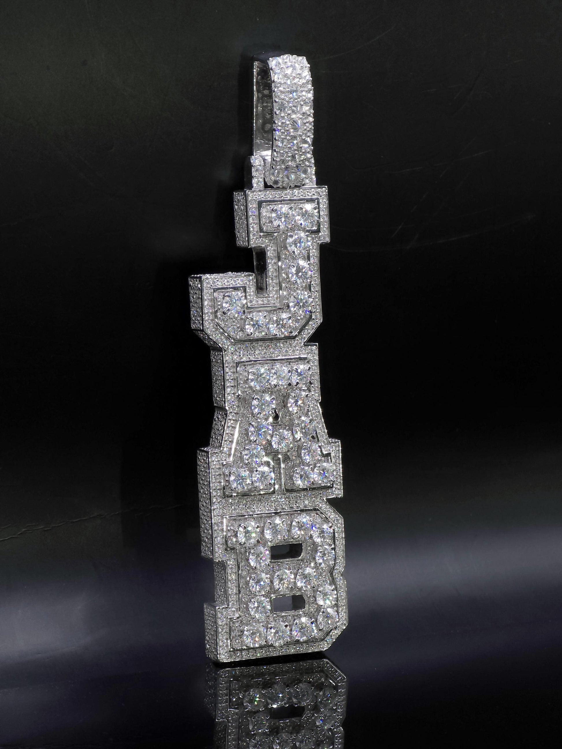 VVS Moissanite Vertical Name Pendant, 925 Sterling Silver Rhodium Plated Hip Hop Jewelry, Diamond Tester Pass