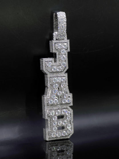 VVS Moissanite Vertical Name Pendant, 925 Sterling Silver Rhodium Plated Hip Hop Jewelry, Diamond Tester Pass